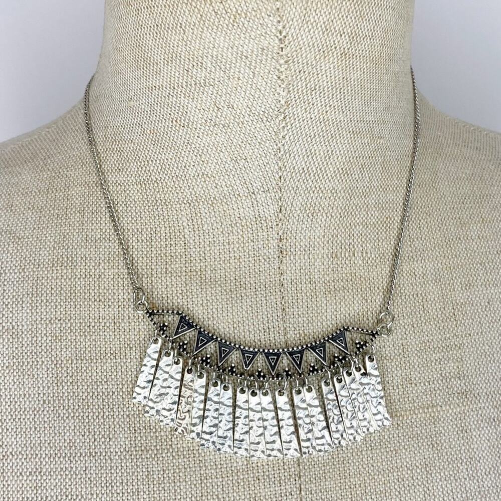Silver Tone Hammered Heavy Fringe Necklace Adjustable Chain